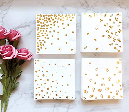 100 PK Gold Napkins - 4 Assorted Designs - 3-Ply Cocktail Napkins Folded 5 x 5 Inches Bar Napkins Disposable Party Napkins Paper Napkins Dinner for Wedding Baby Shower Birthday Graduation 2022