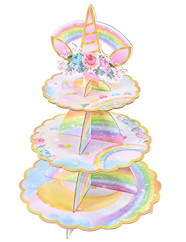 Unicorn Cupcake Stand - Unicorn Birthday Party Decorations for Girls Kids 3-Tier Cardboard Cupcake Stand Dessert Tower Holder Round Serving Tray Stand Unicorn Horn Theme Baby Shower Party Supplies