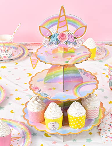 Unicorn Cupcake Stand - Unicorn Birthday Party Decorations for Girls Kids 3-Tier Cardboard Cupcake Stand Dessert Tower Holder Round Serving Tray Stand Unicorn Horn Theme Baby Shower Party Supplies