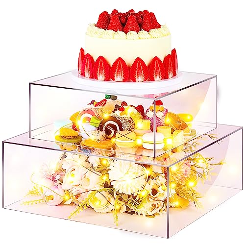 Set of 2 Clear Acrylic Cake Box Stand and Colorful LED Lights Crystal Acrylic Display Risers Acrylic Boxes Acrylic Stands for Display Decorative Cube Cake Display Boxes for Wedding Party Birthday