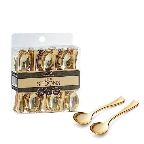 Gold Mini Spoons, Gold Plastic Mini Dessert Spoons, Disposable Tiny Gold Spoons, 4 inch 80 Count Mini Gold Spoons for Appetizers Tasting Posh Setting