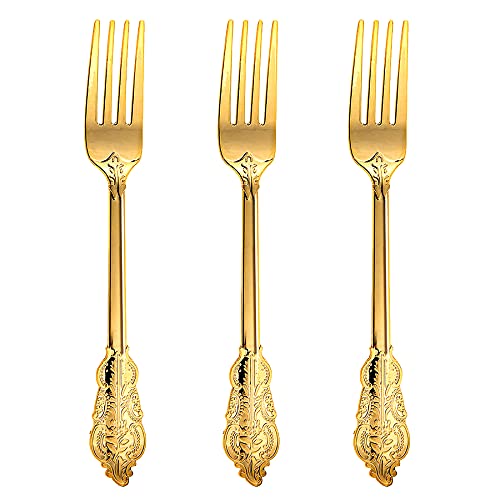 N9R 100Pcs Gold Plastic Forks, Solid, Durable and Heavy Duty Plastic Forks, Perfect Utensils for Parties, Weddings