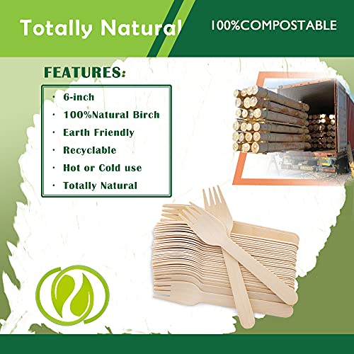 Disposable Wooden Forks -Pack of 100, 6.5" Length-Biodegradable, Natural Wooden Utensils, Great for Parties,Camping,Weddings&Dinner Events (Forks)