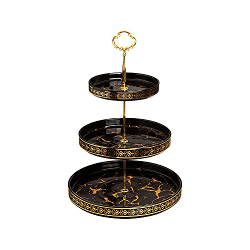 Golden Veins 3 Tier Round Porcelain Cupcake Stand，Black Ceramic Tiered Serving Cake Stand，Round Weddings Parties Pastry Serving Tray，Food Desert Stand (Black)