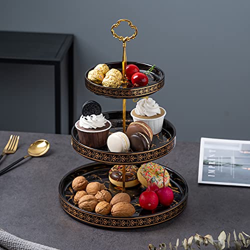 Golden Veins 3 Tier Round Porcelain Cupcake Stand，Black Ceramic Tiered Serving Cake Stand，Round Weddings Parties Pastry Serving Tray，Food Desert Stand (Black)