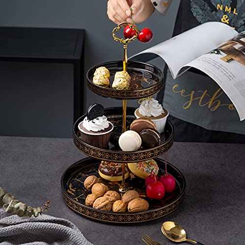 Golden Veins 3 Tier Round Porcelain Cupcake Stand，Black Ceramic Tiered Serving Cake Stand，Round Weddings Parties Pastry Serving Tray，Food Desert Stand (Black)