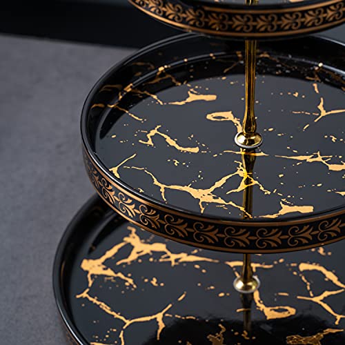 Golden Veins 3 Tier Round Porcelain Cupcake Stand，Black Ceramic Tiered Serving Cake Stand，Round Weddings Parties Pastry Serving Tray，Food Desert Stand (Black)