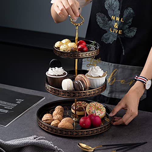 Golden Veins 3 Tier Round Porcelain Cupcake Stand，Black Ceramic Tiered Serving Cake Stand，Round Weddings Parties Pastry Serving Tray，Food Desert Stand (Black)