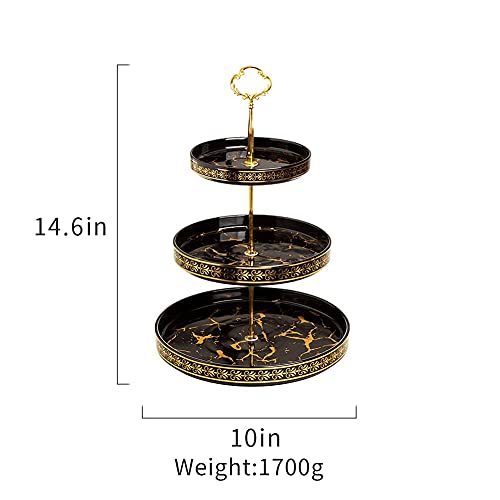 Golden Veins 3 Tier Round Porcelain Cupcake Stand，Black Ceramic Tiered Serving Cake Stand，Round Weddings Parties Pastry Serving Tray，Food Desert Stand (Black)