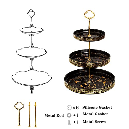 Golden Veins 3 Tier Round Porcelain Cupcake Stand，Black Ceramic Tiered Serving Cake Stand，Round Weddings Parties Pastry Serving Tray，Food Desert Stand (Black)