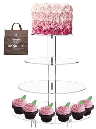 Jusalpha® Large 4 Tier Acrylic Glass Round Cake Stand Cupcake Stand Tea Party Serving Platter Candy Bar Party Décor with Rod Feet (4RF)