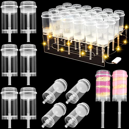 30 Hole Push Pop Cake Stand and 30 Packs Push up Cake Pop Shooter Plastic Pop Containers Cake Pop Holder with LED Lights for Wedding Candy Ice Cream Dessert Display (Square)