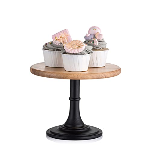 Wood Cake Dessert Stand with Metal Black Matt Base, 8 inches Round Cupcake Holder, Wedding Birthday Party Pedestal Display Plate (Wood, S)