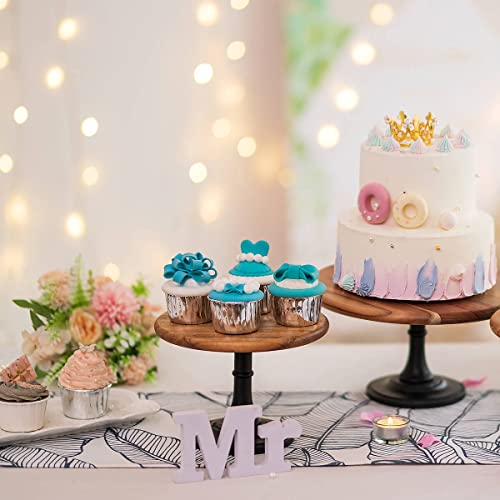 Wood Cake Dessert Stand with Metal Black Matt Base, 8 inches Round Cupcake Holder, Wedding Birthday Party Pedestal Display Plate (Wood, S)