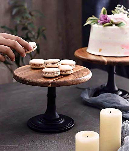 Wood Cake Dessert Stand with Metal Black Matt Base, 8 inches Round Cupcake Holder, Wedding Birthday Party Pedestal Display Plate (Wood, S)