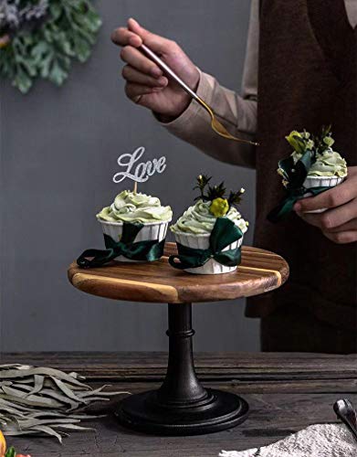 Wood Cake Dessert Stand with Metal Black Matt Base, 8 inches Round Cupcake Holder, Wedding Birthday Party Pedestal Display Plate (Wood, S)