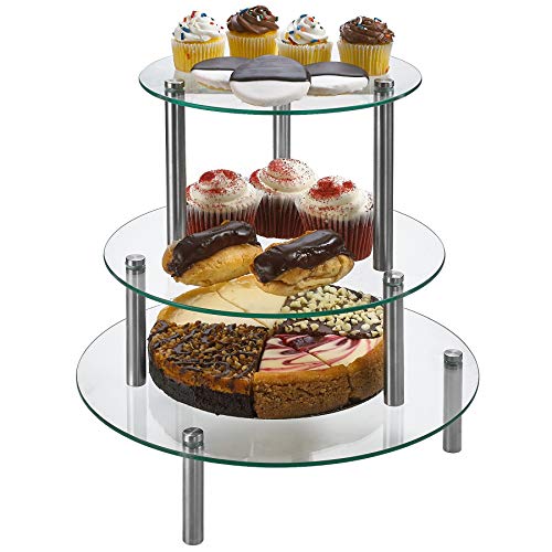 3 Tier Round Tempered Glass Display Stand 9, 11, 13” for Cake, Cupcakes, Desserts, Bakery, Appetizers – Set of 3 Glass Retail Display Raiser. (Clear)