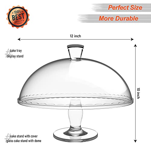 Glass Cake Stand with Dome - Footed Glass Service Plate, Large Size (12 inch), Footed Cake Plate Wıth Dome, Multifunctional Serving Platter, Durable Glass