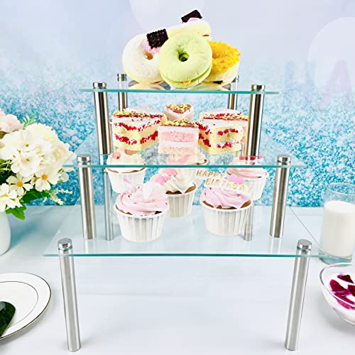 FESTLOVE 3 Pcs Square Tempered Glass Cake Stands Set 8 10 13 Inch Cupcake Display Stand Plate for Dessert Table Serving Platter