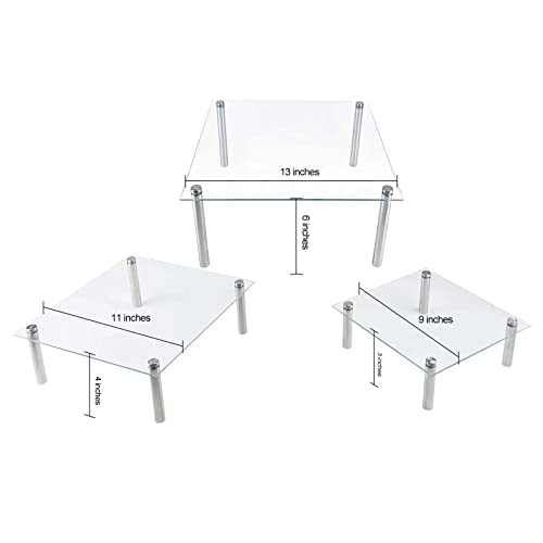 FESTLOVE 3 Pcs Square Tempered Glass Cake Stands Set 8 10 13 Inch Cupcake Display Stand Plate for Dessert Table Serving Platter