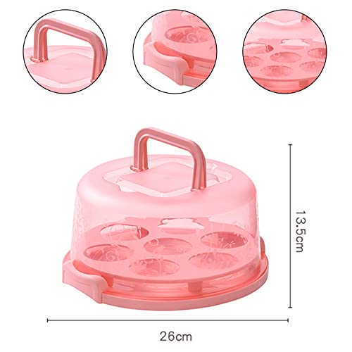 UgyDuky Portable Round Cake Holder with 7 Round Holes Detachable with Flat Handles & Dome Lid Dessert Cupcake Box Storage Cover Boxes for Cake, Pies, Cookies, Nuts, Muffins, Fruit etc (Pink)