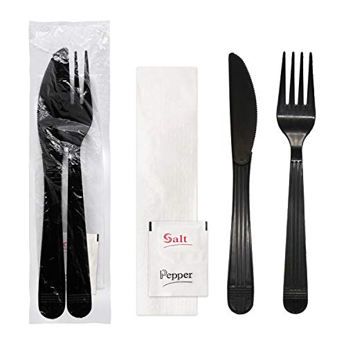 Party Essentials Individually Wrapped Black Plastic Utensil Sets/Heavy Duty Flatware Packs, Fork/Knife/Napkin/Salt/Pepper, 100 Sets
