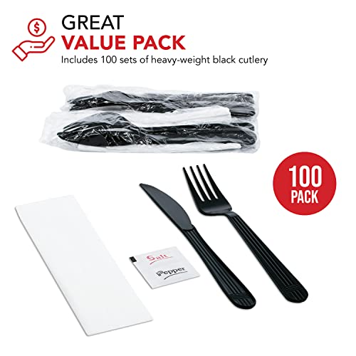Party Essentials Individually Wrapped Black Plastic Utensil Sets/Heavy Duty Flatware Packs, Fork/Knife/Napkin/Salt/Pepper, 100 Sets
