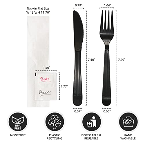 Party Essentials Individually Wrapped Black Plastic Utensil Sets/Heavy Duty Flatware Packs, Fork/Knife/Napkin/Salt/Pepper, 100 Sets