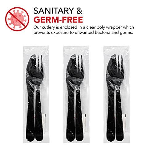 Party Essentials Individually Wrapped Black Plastic Utensil Sets/Heavy Duty Flatware Packs, Fork/Knife/Napkin/Salt/Pepper, 100 Sets