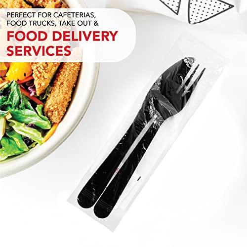 Party Essentials Individually Wrapped Black Plastic Utensil Sets/Heavy Duty Flatware Packs, Fork/Knife/Napkin/Salt/Pepper, 100 Sets