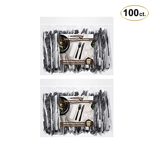 Party Essentials Individually Wrapped Black Plastic Utensil Sets/Heavy Duty Flatware Packs, Fork/Knife/Napkin/Salt/Pepper, 100 Sets