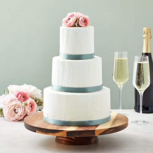 Round Acacia Wood Cake Stand for Wedding, Wooden Serving Platter for Appetizers and Desserts (12.75 in)