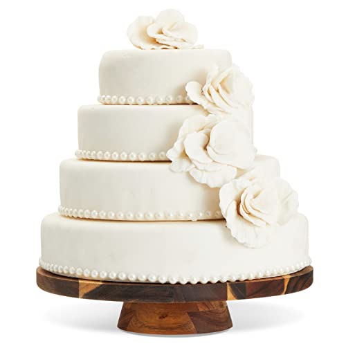 Round Acacia Wood Cake Stand for Wedding, Wooden Serving Platter for Appetizers and Desserts (12.75 in)