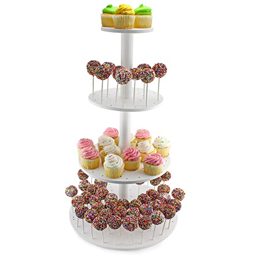 Darware Cake Pop/Cupcake Stand (4-Tiered); White Wooden Dessert Display for Parties and Special Events