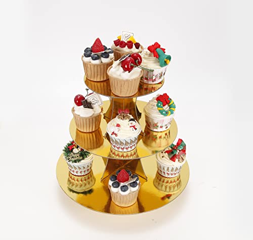 YLDW 3-Tier Cupcake Stand, Gold Cardboard Cake Stand Holder, Tiered DIY Cupcake Stand Tower for Dessert Table Displays, Birthday Theme Party Favors Decoration, Floral Tea Party, 12" W x 12.8" H