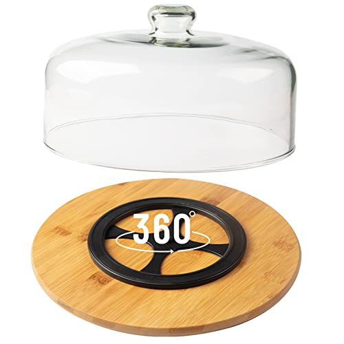 11 Inch Bamboo Cake Stand with 10 Inch Glass Dome Cover, ANMEISH Rotating Cupcake Display Plate with Lid, Cake Holder with Turntable Base