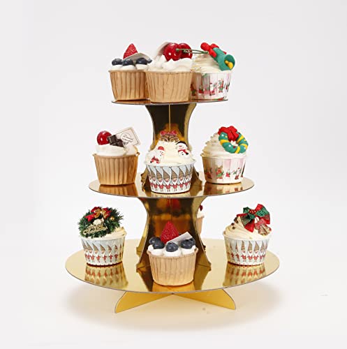 YLDW 3-Tier Cupcake Stand, Gold Cardboard Cake Stand Holder, Tiered DIY Cupcake Stand Tower for Dessert Table Displays, Birthday Theme Party Favors Decoration, Floral Tea Party, 12" W x 12.8" H