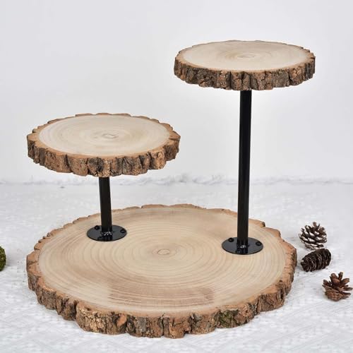 Efavormart 14" Tall | 3 Tier Rustic Wood Slice Cupcake Stand, Natural Wooden Cake Stand Dessert Display with Metal Poles