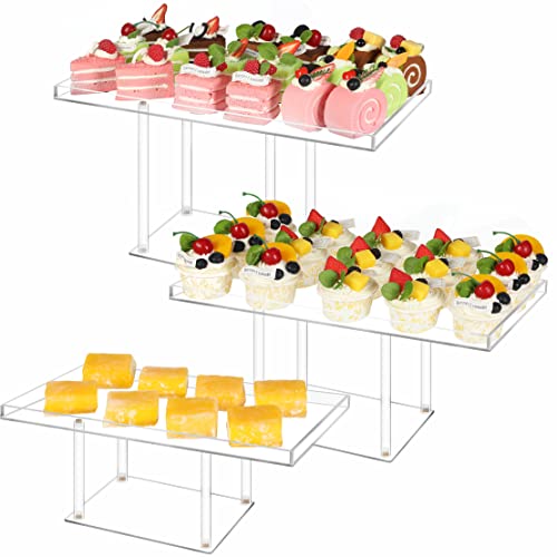 HeiMma 3 Pack Dessert Table Display Set, Clear Acrylic Dessert Display Stands Buffet Risers for Cupcakes Dessert Pastry Food Fruit Candy Treat Bases para Postres de Mesa for Wedding Birthday Party