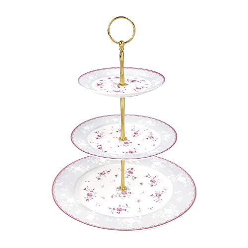 fanquare Pink Rose 3 Tier Porcelain Cupcake Stand, Floral Round Fruit Display Stand, Dessert Tower Tray for Wedding, Birthday and Tea Party