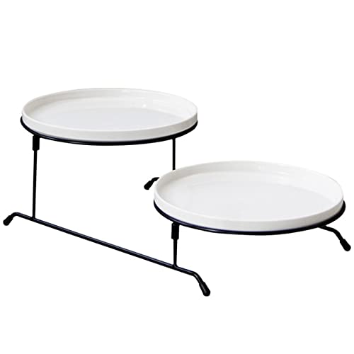 2 Tier Serving Tray Stand with 2 White Porcelain Serving Platters Collapsible Detachable Tiered Round Serving Platter Two Layer Serving Tray for Party Entertaining Food Display Fruit Dessert Cake