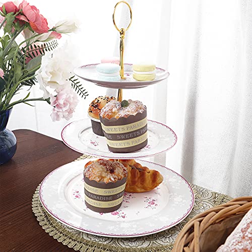 fanquare Pink Rose 3 Tier Porcelain Cupcake Stand, Floral Round Fruit Display Stand, Dessert Tower Tray for Wedding, Birthday and Tea Party