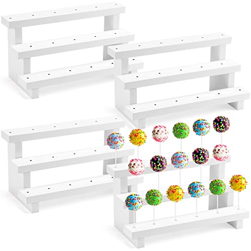 Geetery 4 Pcs Cake Pop Stand Cake Pop Holder 3 Tier Wood Lollipop Holder 17 Hole Sucker Collapsible Lollipop Stand for Dessert Table Wedding Birthday Party Fit 0.16 in 4 mm Lollipop Sticks (White)