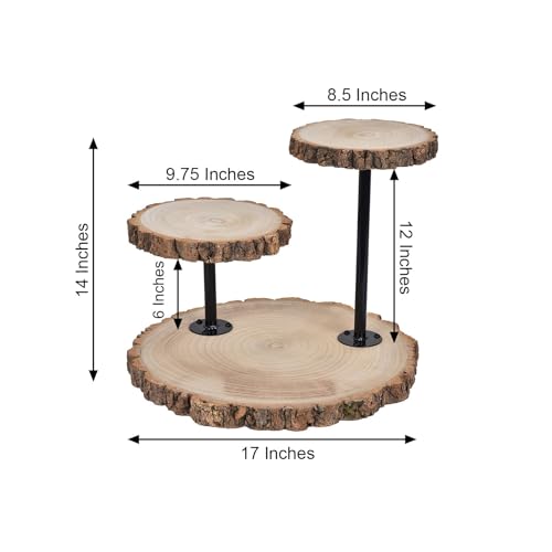 Efavormart 14" Tall | 3 Tier Rustic Wood Slice Cupcake Stand, Natural Wooden Cake Stand Dessert Display with Metal Poles