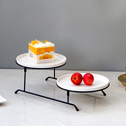 2 Tier Serving Tray Stand with 2 White Porcelain Serving Platters Collapsible Detachable Tiered Round Serving Platter Two Layer Serving Tray for Party Entertaining Food Display Fruit Dessert Cake