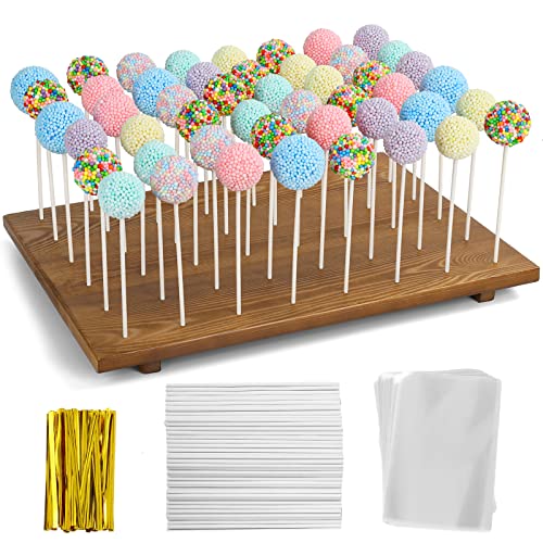 Relaxing Garden Wood Cake Pop Stand /w 300 Pcs Cake Pop Sticks and Wrappers - 48 Holes Cake Pop Holder Stand for Dessert Table- Lollipop Holder for Birthdays, Baby Shower, Weddings or Any Events.