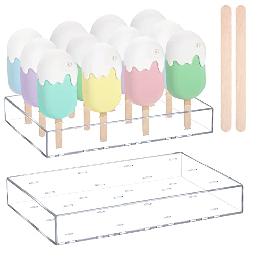 Gejoy 2 Pcs Cakesicle Stand Display Acrylic Cake Pop Stand Reusable Cake Pop Holder Clear Lollipop Holder and 100 Pcs Wood Ice Cream Sticks for Birthday Wedding Baby Shower Parties Dessert Table