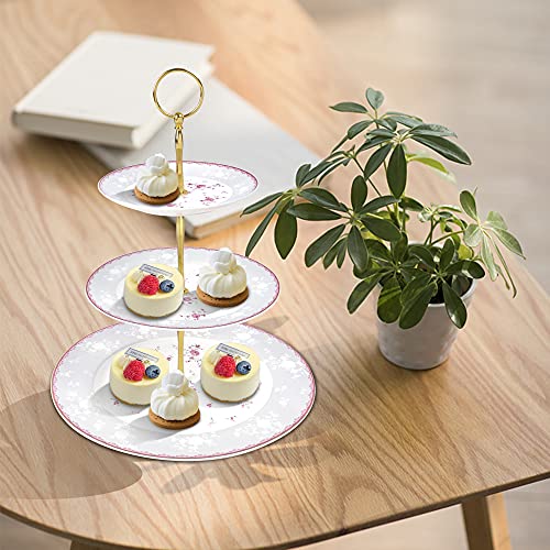 fanquare Pink Rose 3 Tier Porcelain Cupcake Stand, Floral Round Fruit Display Stand, Dessert Tower Tray for Wedding, Birthday and Tea Party