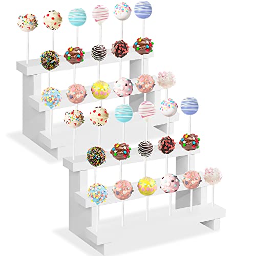 KHayRovies 2 Pcs Wood Cake Pop Display Stand, White Lollipop Holder 3 Tier with Twist Ties Lollipop Sticks, 17 Holes Sucker Storage Rack for Dessert Table of Wedding Birthday Party Christmas Day (A)