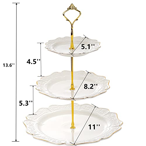 Lyellfe 3 Tier Ceramic Cupcake Stand, White Embossed Dessert Cake Stand with Gold Rim, Decorative Tea Party Serving Platter, Tea Sandwich Tray for Party, Wedding, Candle Light Dinner